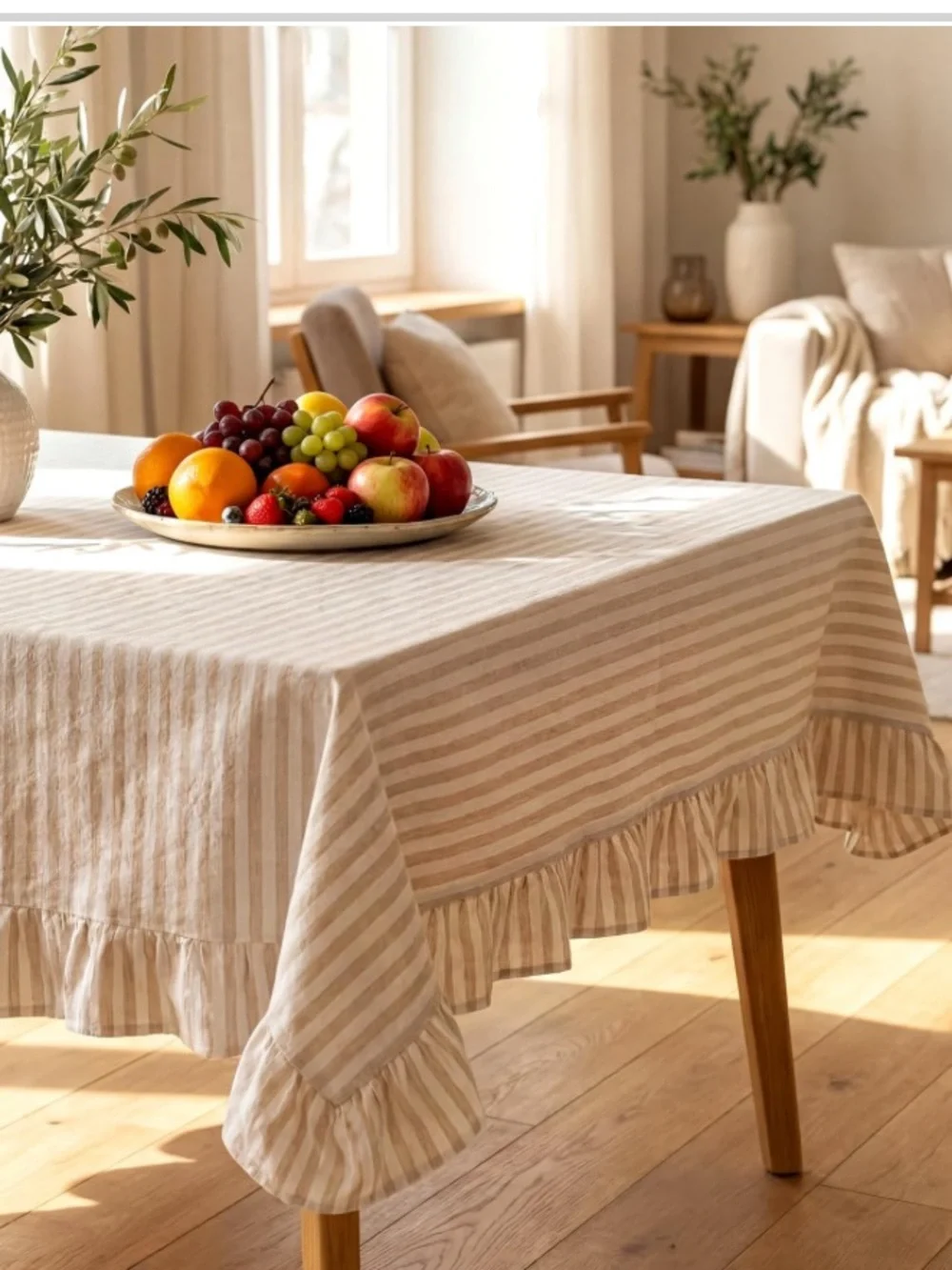 Farmhouse Ruffle Tablecloth 100% Cotton Rectangular 52x70” - BEIGE WHITE STRIPE